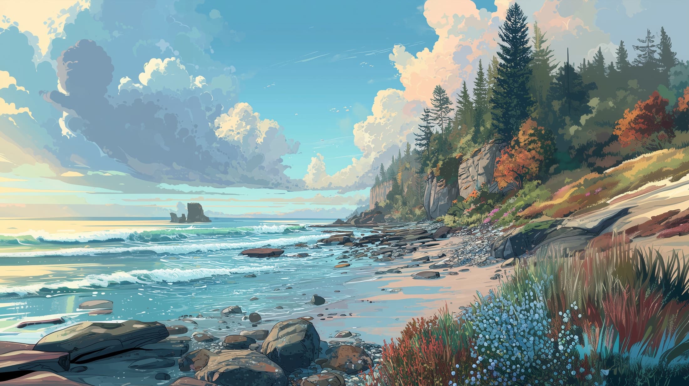 A rocky Pacific coastline with wildflowers in the foreground and clouds gathering over the water