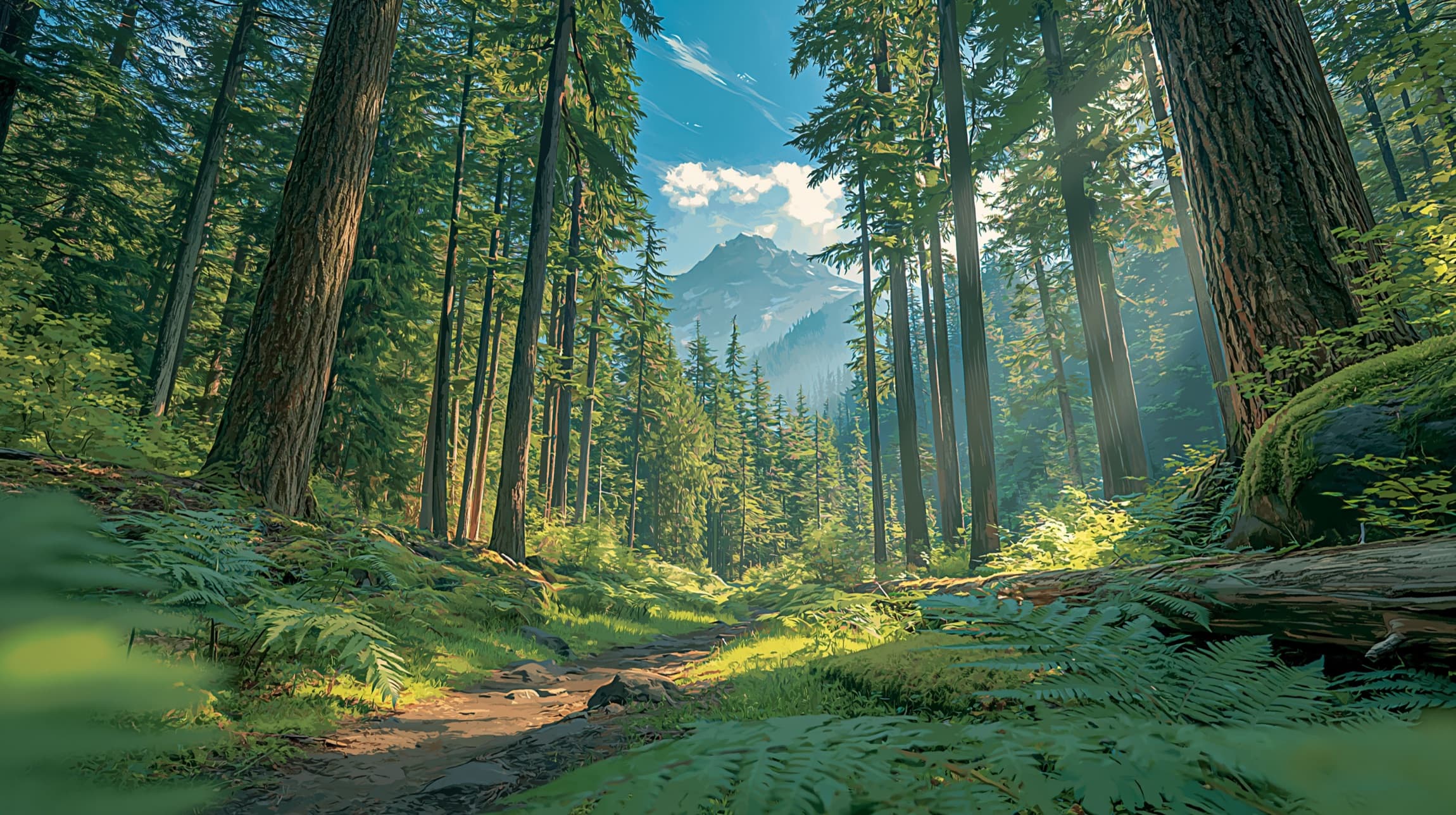 An old-growth Pacific Northwest forest, with a mountain visible through a gap in the canopy